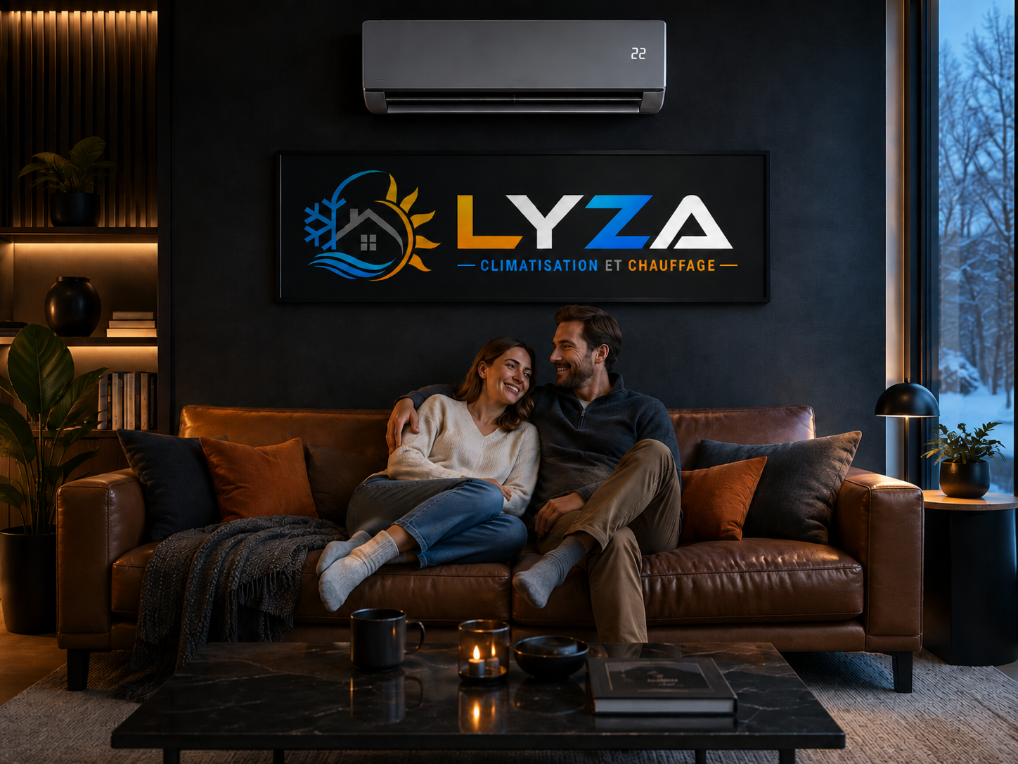 Couple confortablement installé sur un divan avec une thermopompe murale derrière eux